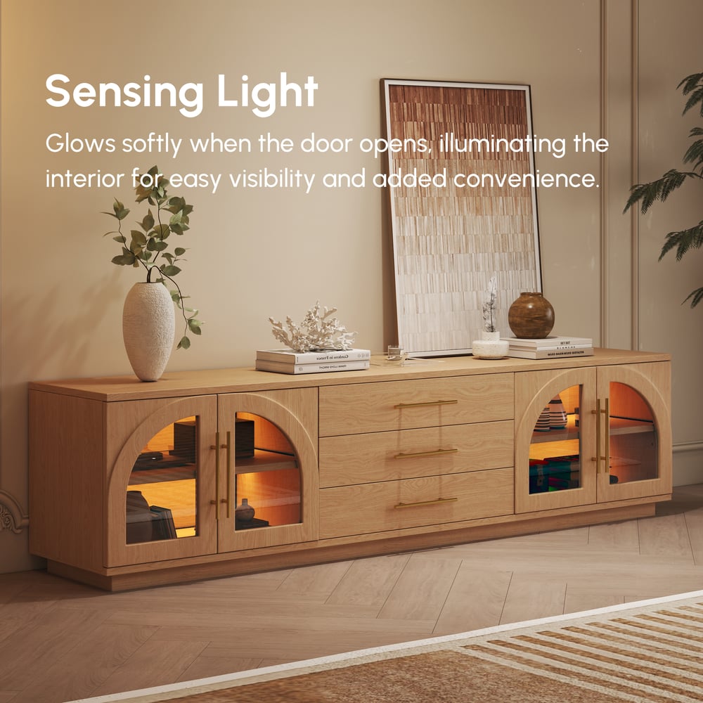 Arune 72" Arched Glass Doors TV Stand with Storage and LED window image