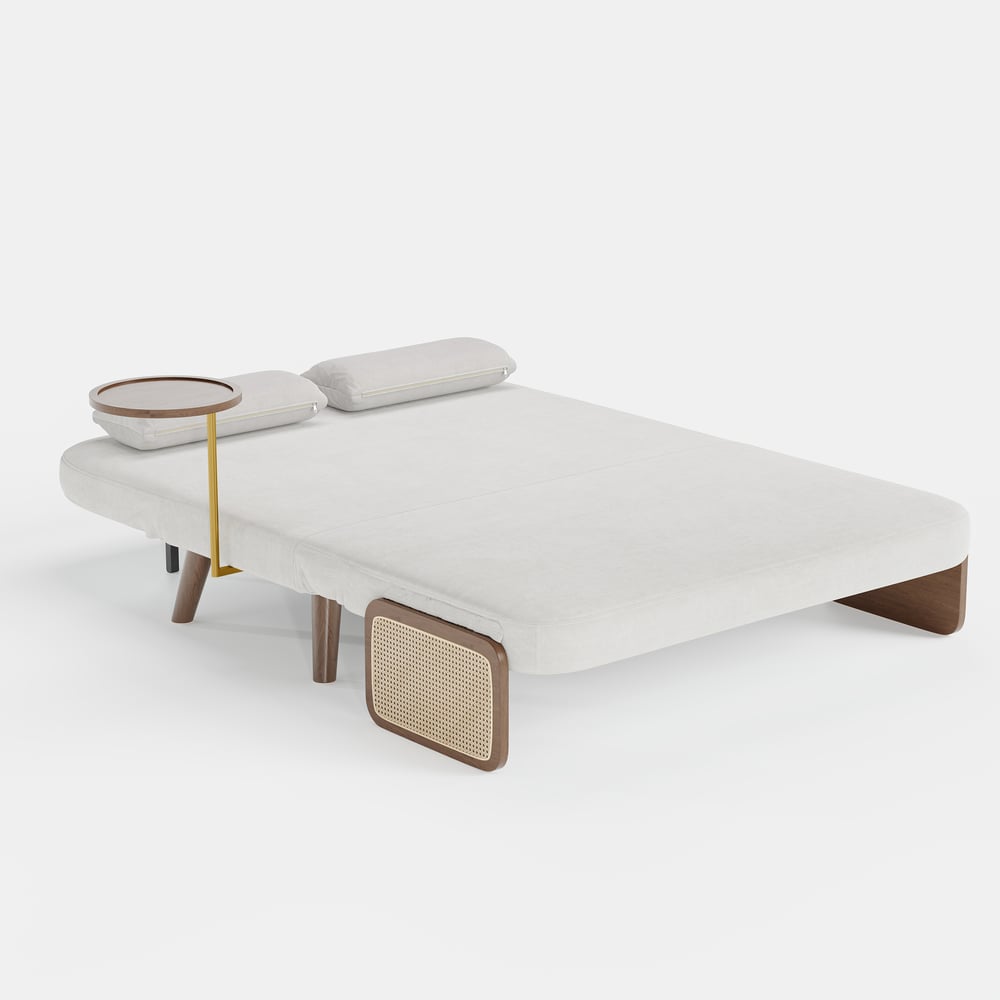 Sofá-cama de 2 Lugares de 152 cm em Veludo e Rattan com Tabuleiro Rotativo Imagem da janela