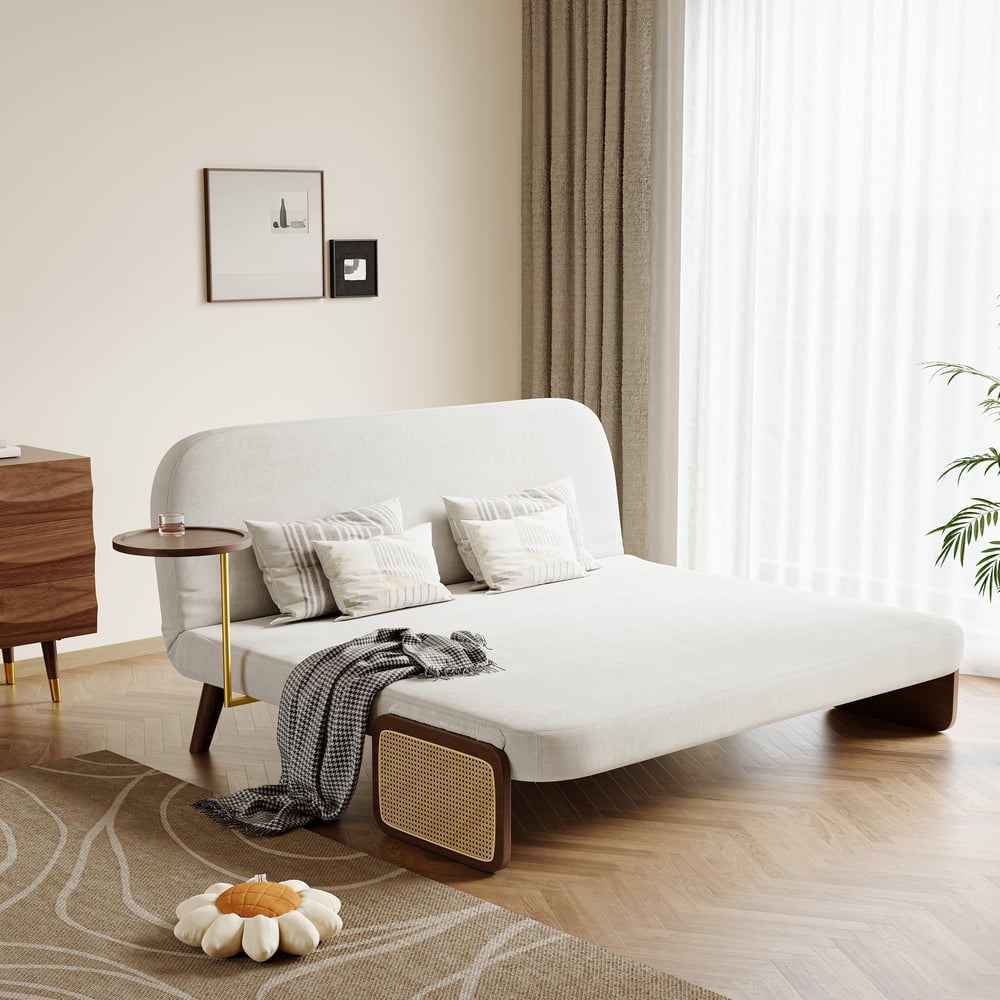 2-Sitzer Schlafsofa aus Samt und Rattan mit drehbarer Ablage Schaufensterbilder