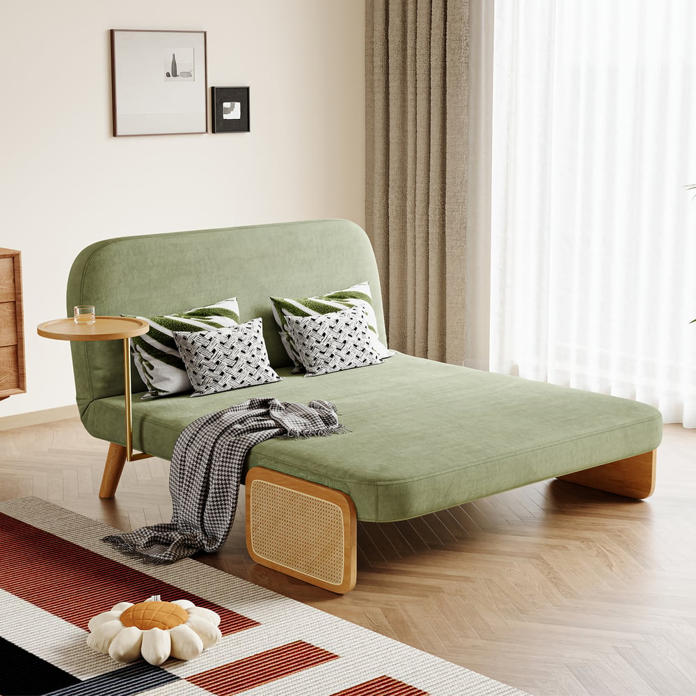152 cm 2-Seater Velvet & Rattan Pull-out Sofa Sofa with Rotating Tray window image