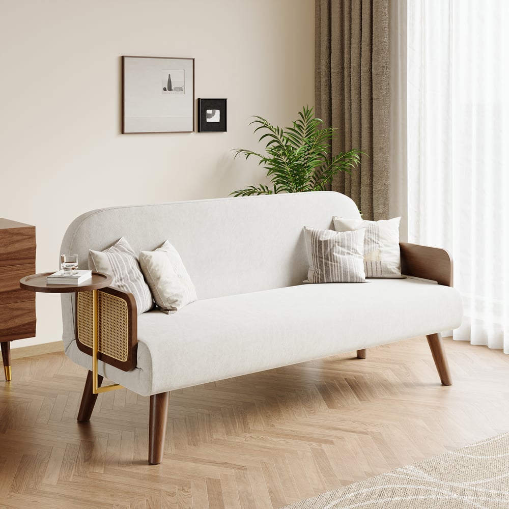 2-Sitzer Schlafsofa aus Samt und Rattan mit drehbarer Ablage Schaufensterbilder