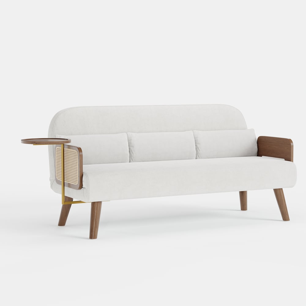 2-Sitzer Schlafsofa aus Samt und Rattan mit drehbarer Ablage Schaufensterbilder