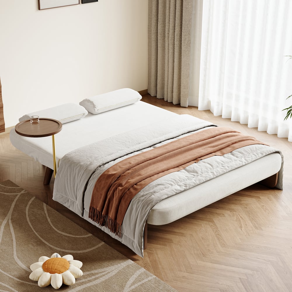 Sofá-cama de 2 Lugares de 152 cm em Veludo e Rattan com Tabuleiro Rotativo Imagem da janela
