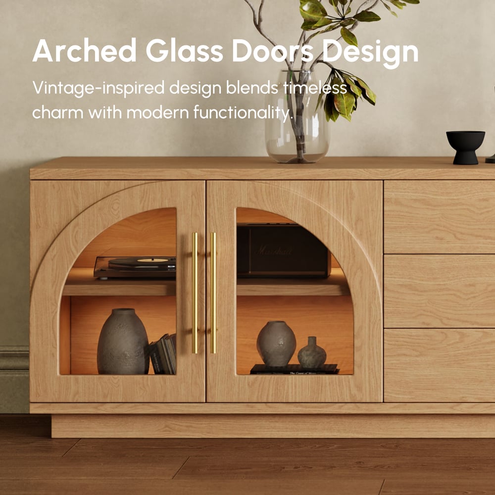 Arune 72" Arched Glass Doors TV Stand with Storage and LED window image