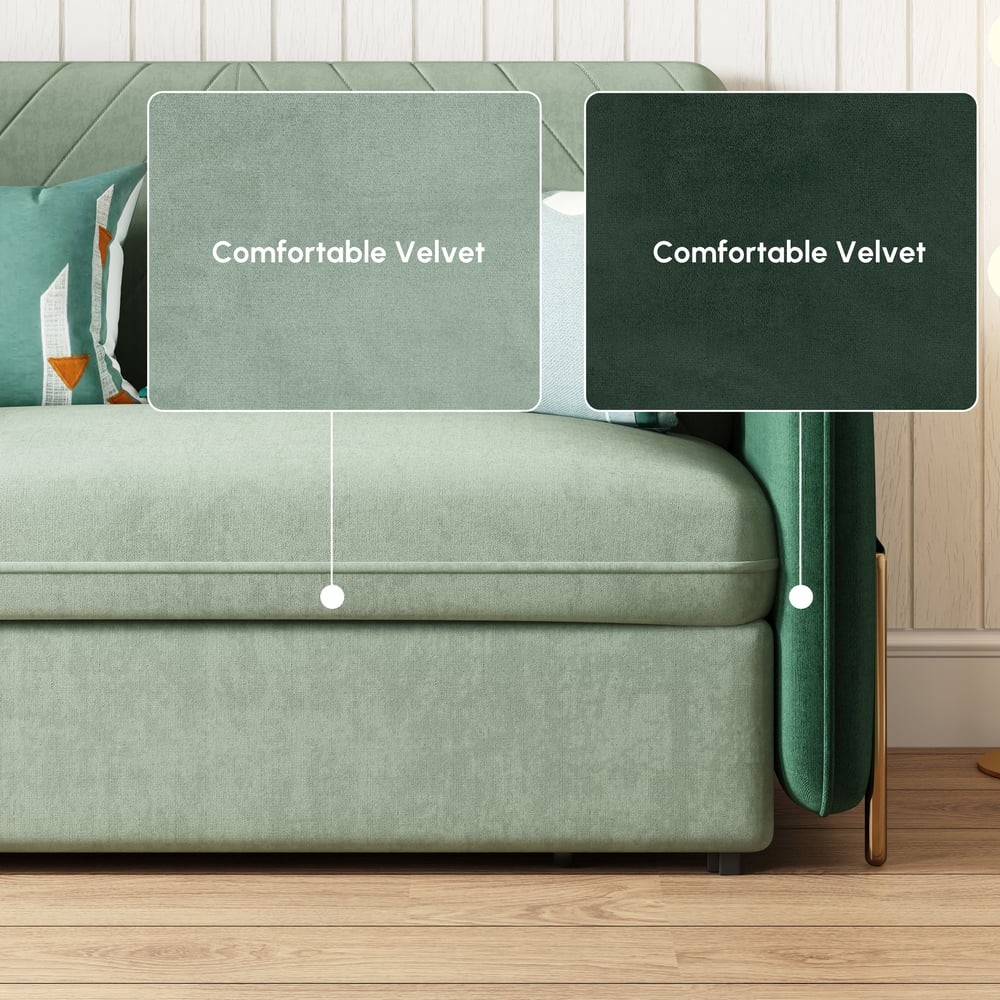 54" Twin 1-Seater Green Velvet Convertible Sleeper Sofa with Storage & Pillows window image