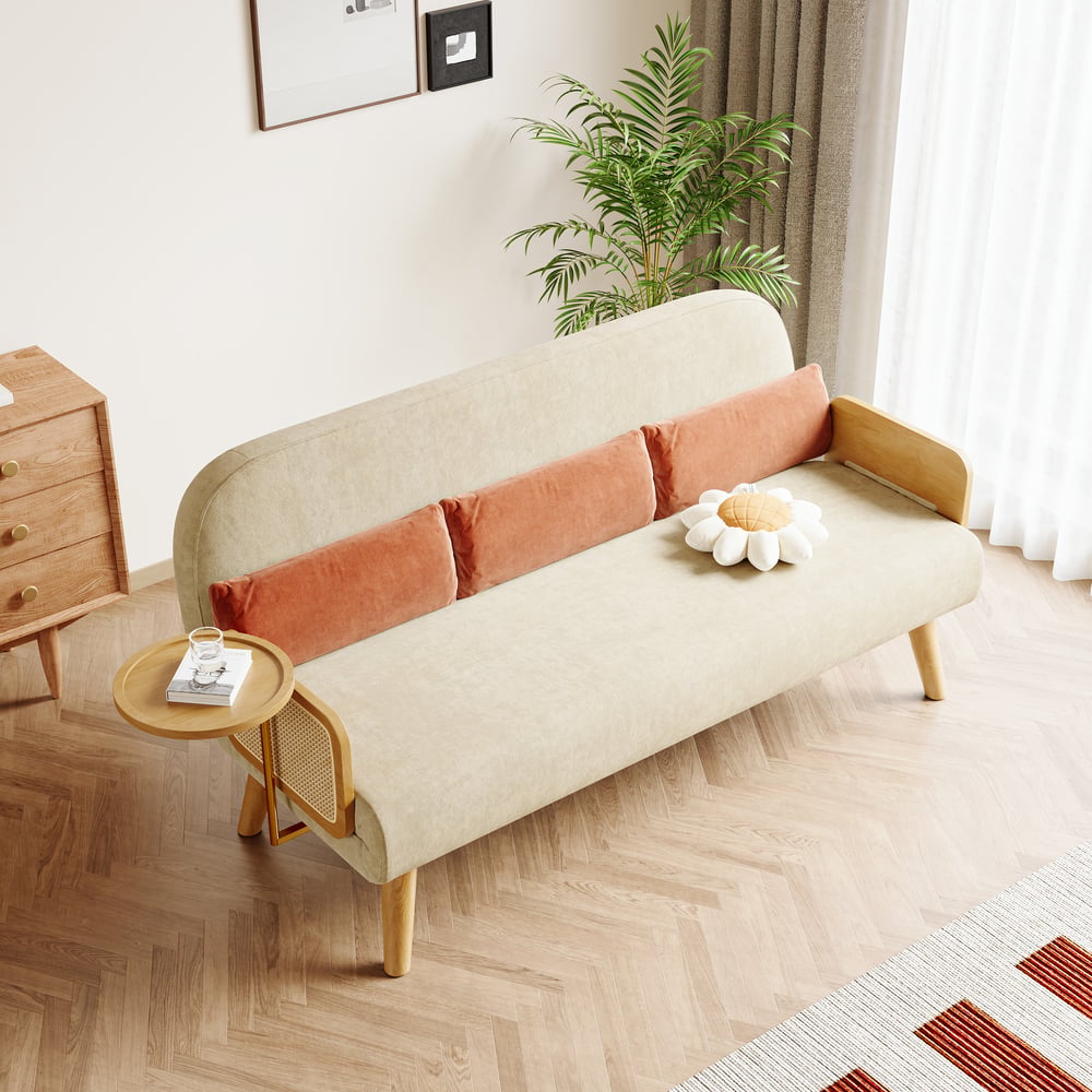 183 cm 2-Seater Cotton & Linen Pull-out Sofa Sofa with Rotating Tray window image