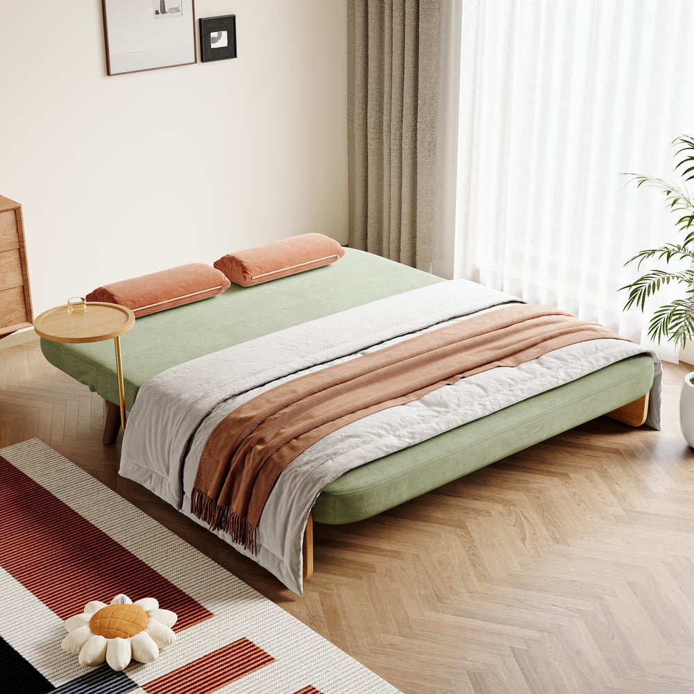 2-Seater Velvet and Rattan Sofa Bed with Swivel Shelf window image