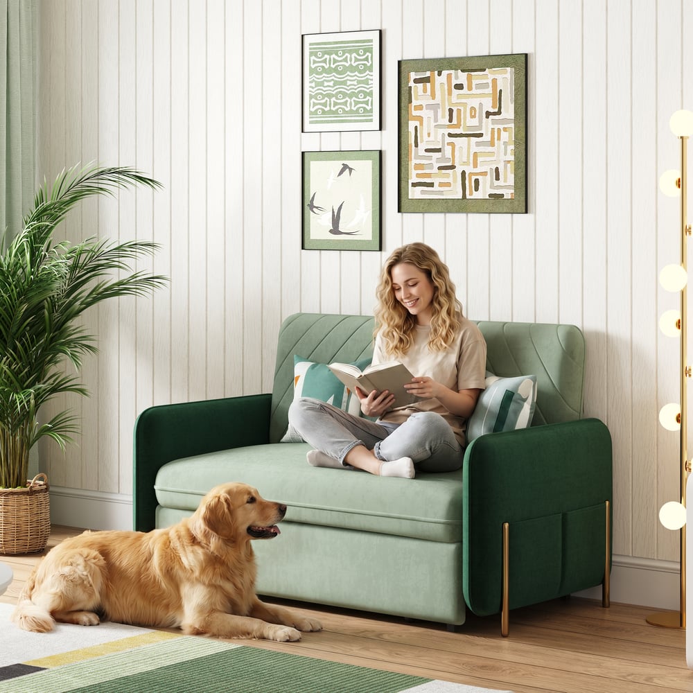 54" Twin 1-Seater Green Velvet Convertible Sleeper Sofa with Storage & Pillows window image