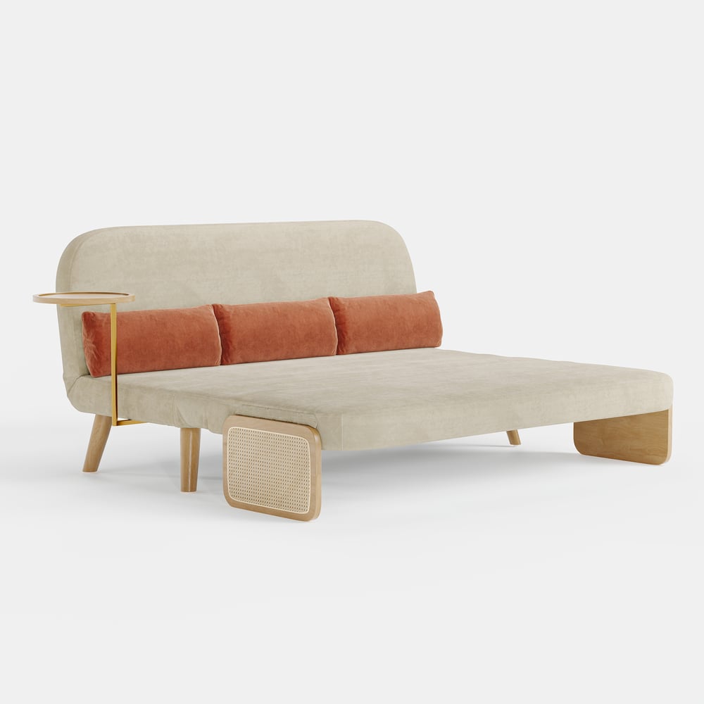 183 cm 2-Seater Cotton & Linen Pull-out Sofa Sofa with Rotating Tray window image