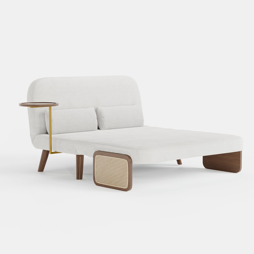 Sofá-cama de 2 Lugares de 152 cm em Veludo e Rattan com Tabuleiro Rotativo Imagem da janela