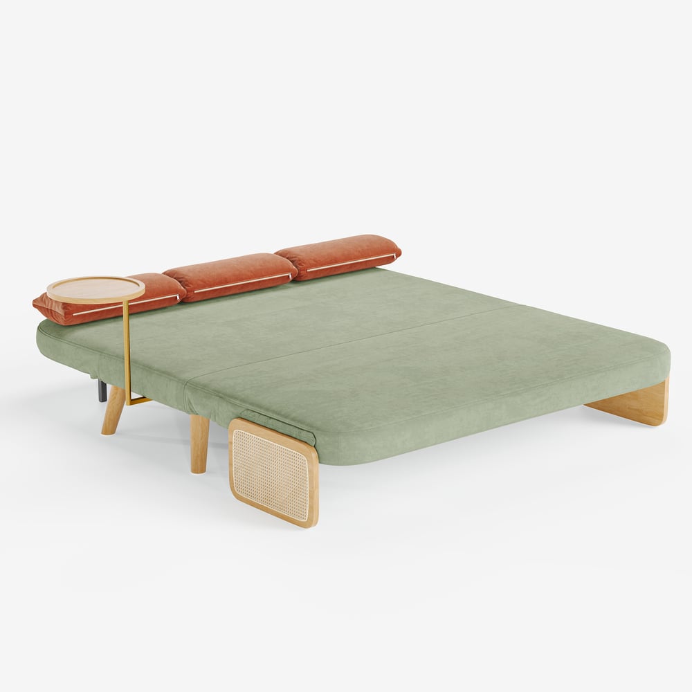 2-Seater Velvet and Rattan Sofa Bed with Swivel Shelf window image
