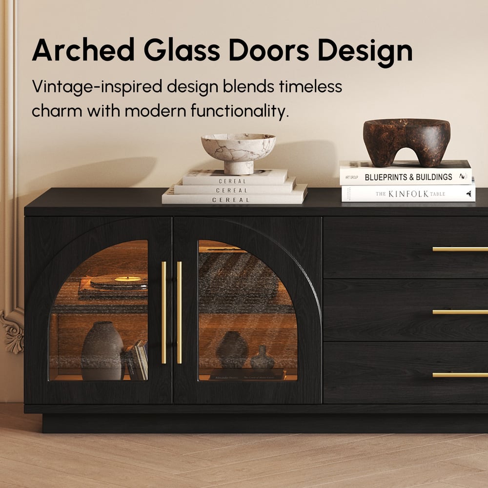 Arune 72" Arched Glass Doors TV Stand with Storage and LED window image