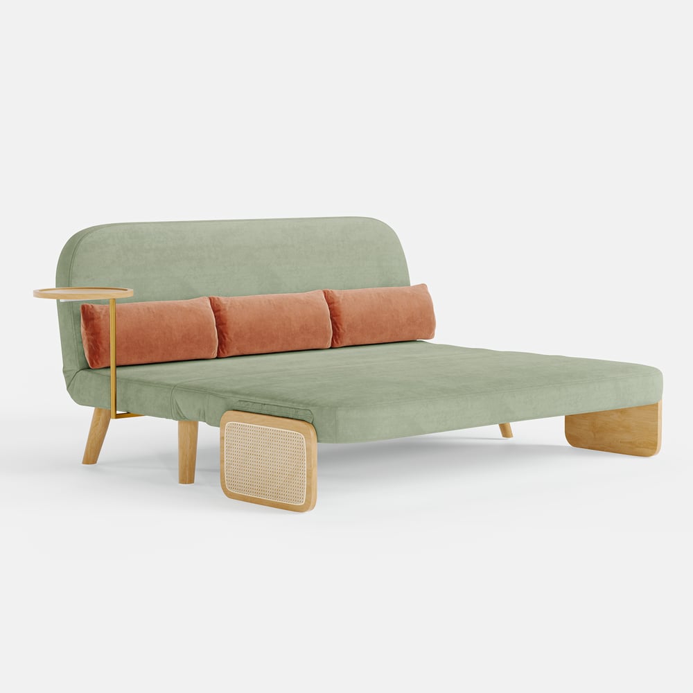 2-Seater Velvet and Rattan Sofa Bed with Swivel Shelf window image