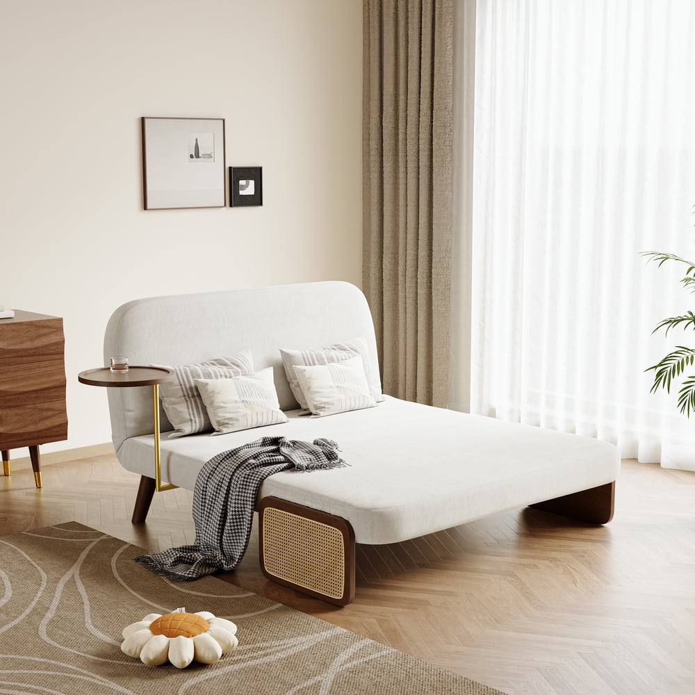 Sofá-cama de 2 Lugares de 152 cm em Veludo e Rattan com Tabuleiro Rotativo Imagem da janela