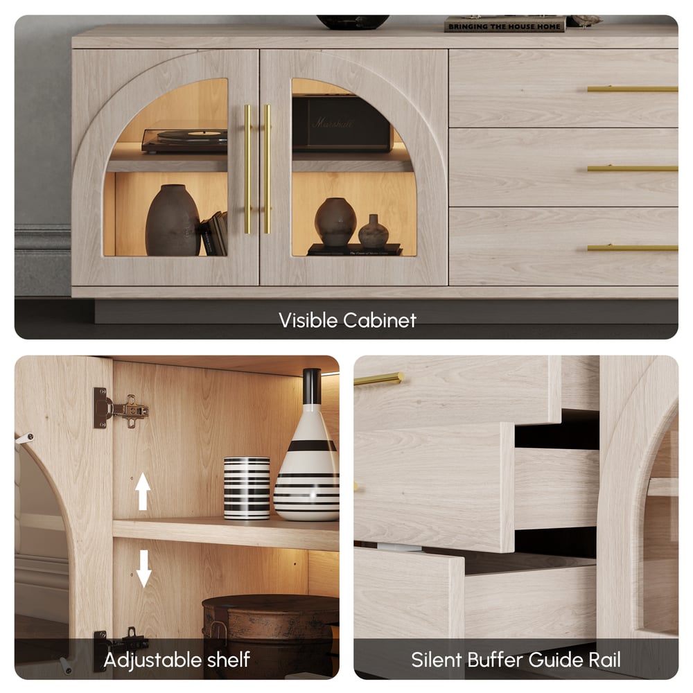 Arune 72" Arched Glass Doors TV Stand with Storage and LED window image