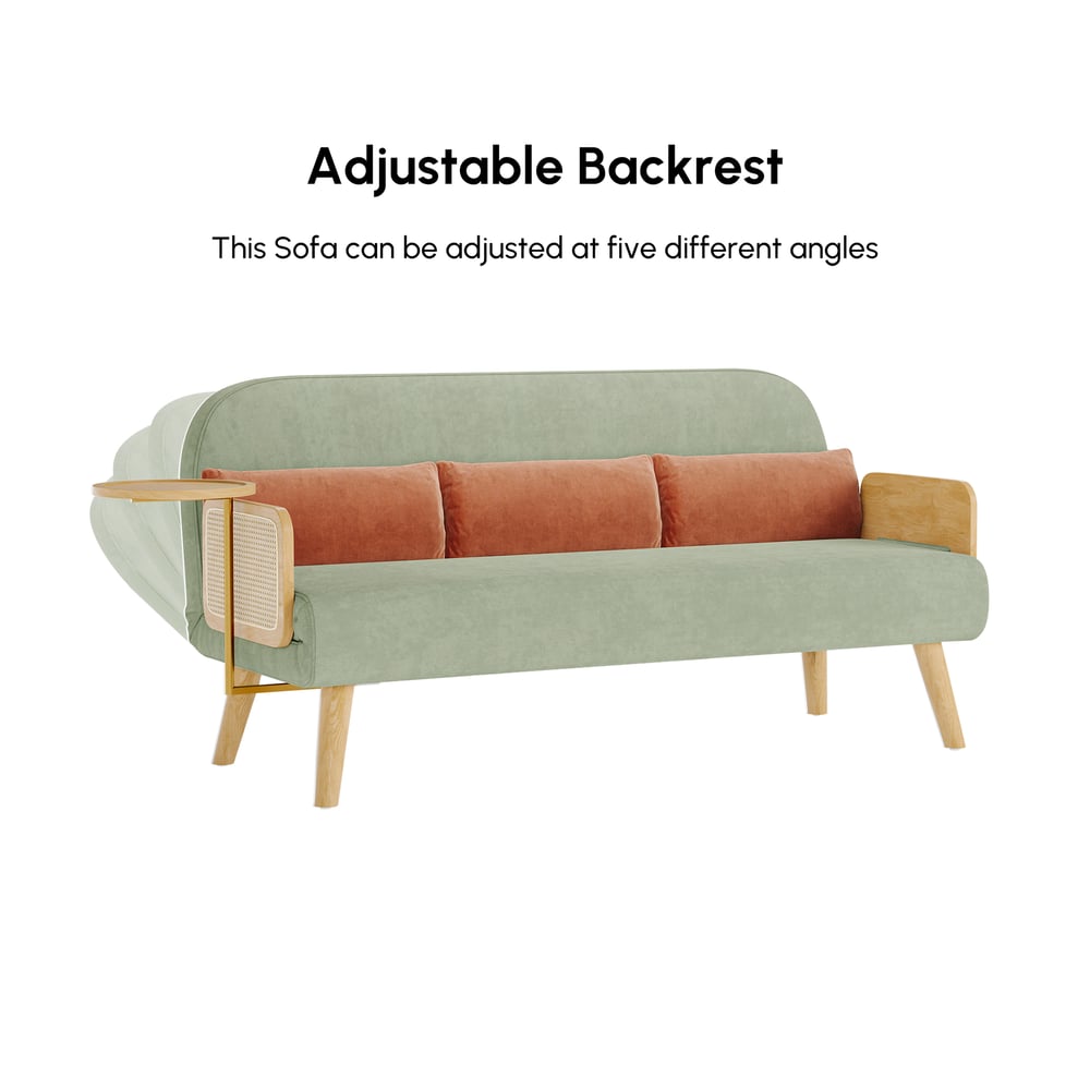 2-Seater Velvet and Rattan Sofa Bed with Swivel Shelf window image