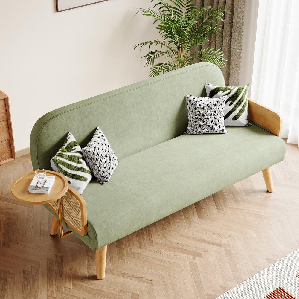 2-Seater Velvet and Rattan Sofa Bed with Swivel Shelf window image