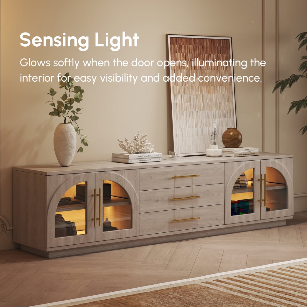 Arune 72" Arched Glass Doors TV Stand with Storage and LED window image