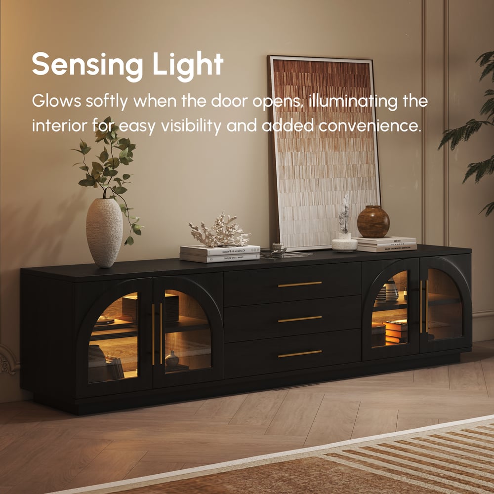 Arune 72" Arched Glass Doors TV Stand with Storage and LED window image
