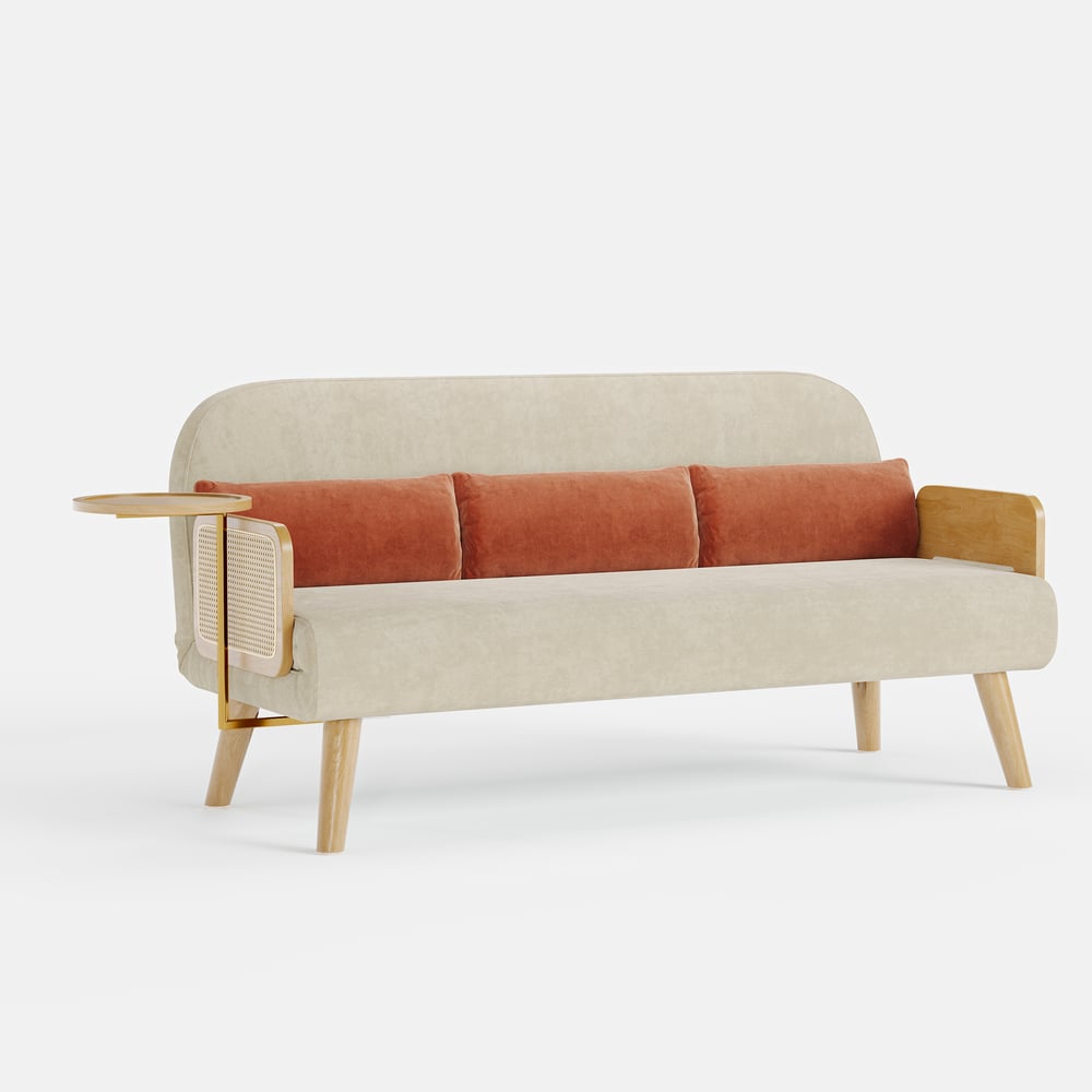 183 cm 2-Seater Cotton & Linen Pull-out Sofa Sofa with Rotating Tray window image