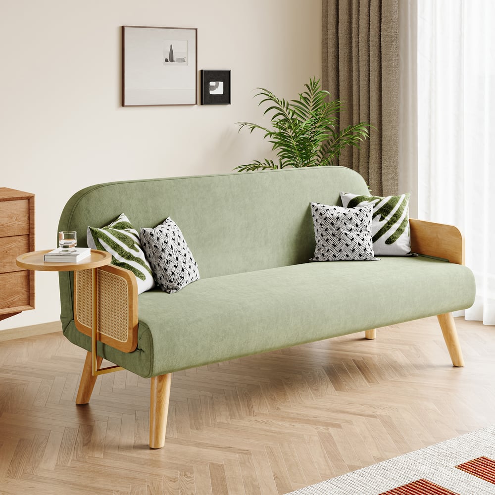 2-Seater Velvet and Rattan Sofa Bed with Swivel Shelf window image