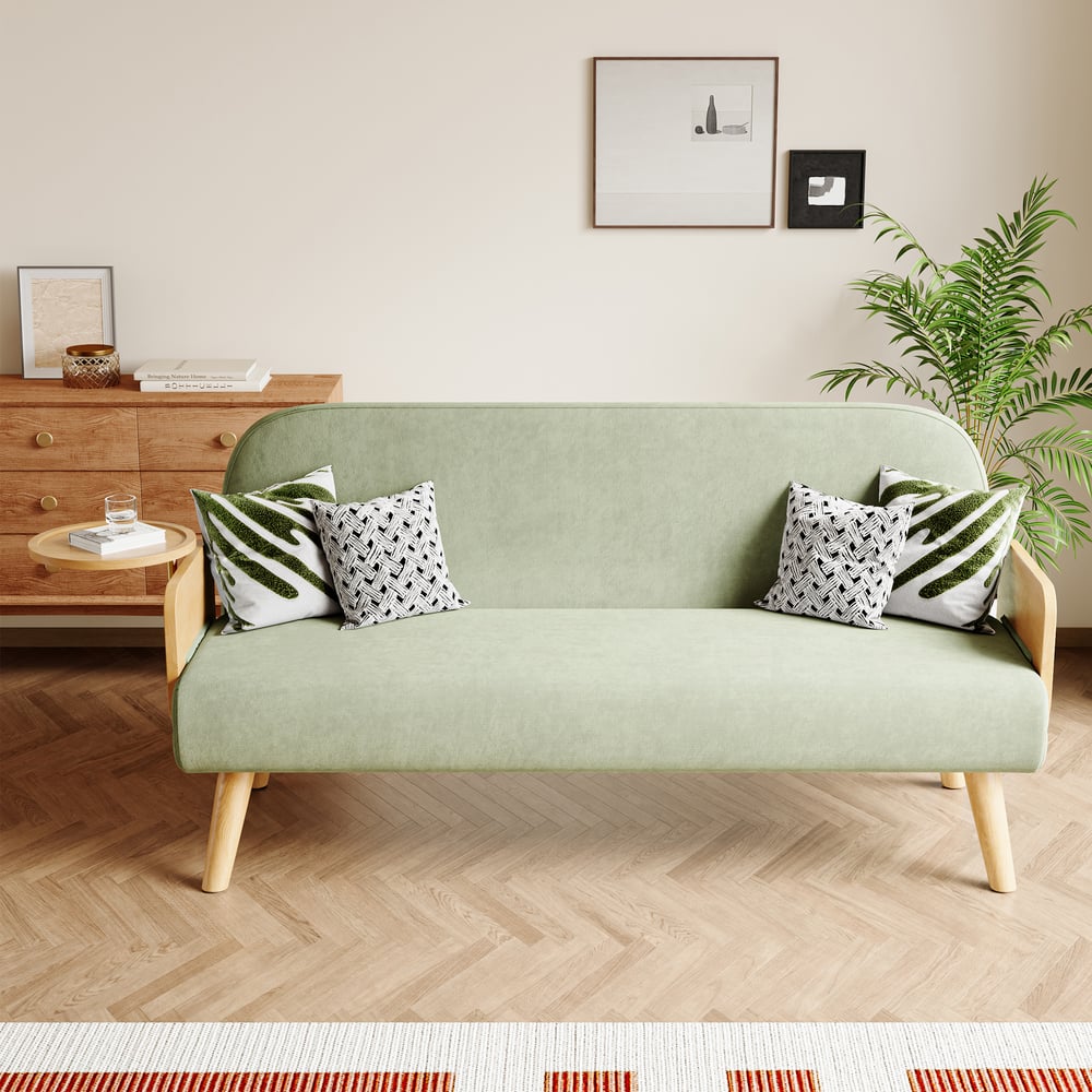 2-Seater Velvet and Rattan Sofa Bed with Swivel Shelf window image