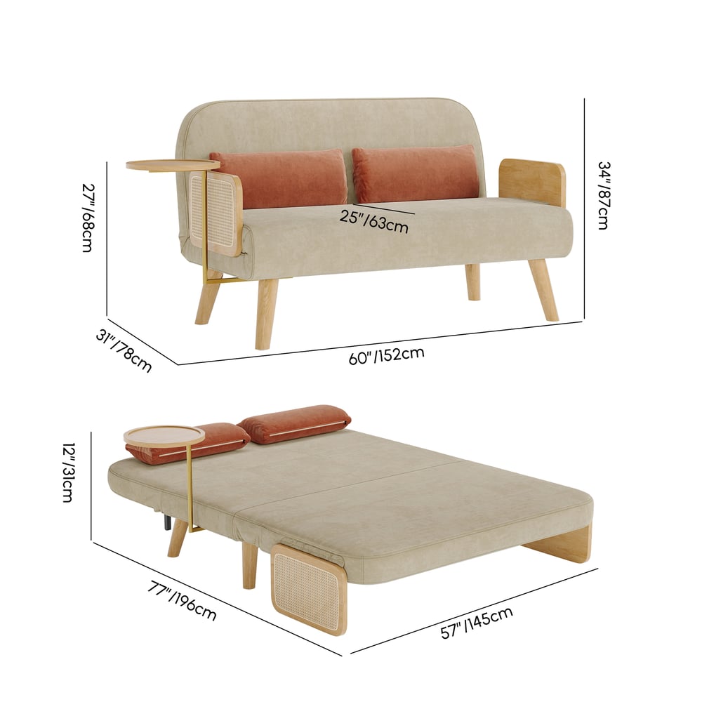 2-Sitzer Schlafsofa aus Baumwolle und Leinen mit drehbarer Ablage Bild der Gewichte & Abmessungen