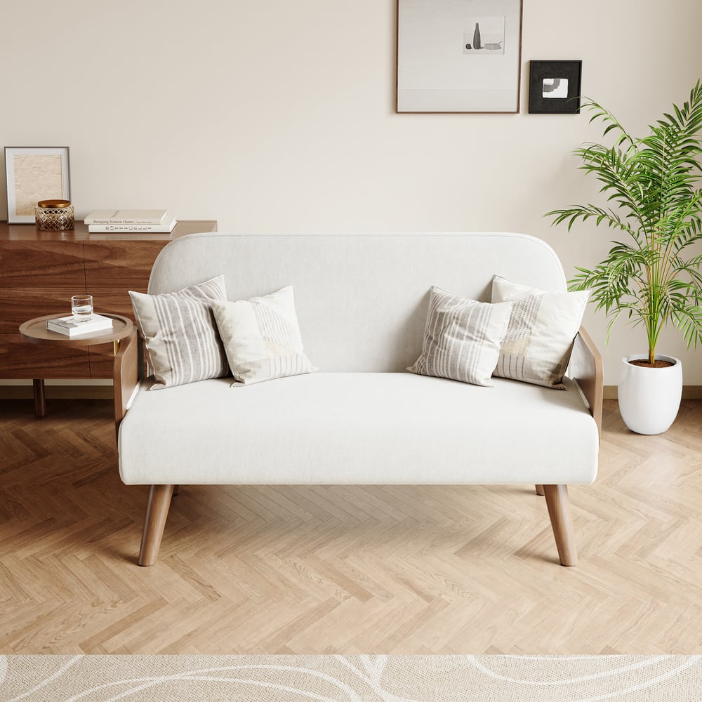 Sofá-cama de 2 Lugares de 152 cm em Veludo e Rattan com Tabuleiro Rotativo Imagem da janela