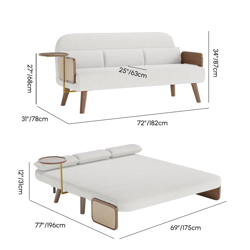 2-Sitzer Schlafsofa aus Samt und Rattan mit drehbarer Ablage Bild der Gewichte & Abmessungen