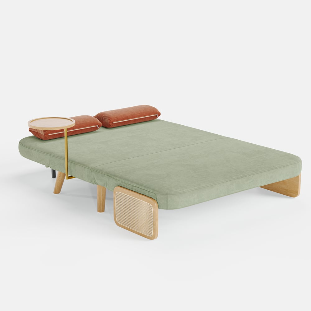 152 cm 2-Seater Velvet & Rattan Pull-out Sofa Sofa with Rotating Tray window image
