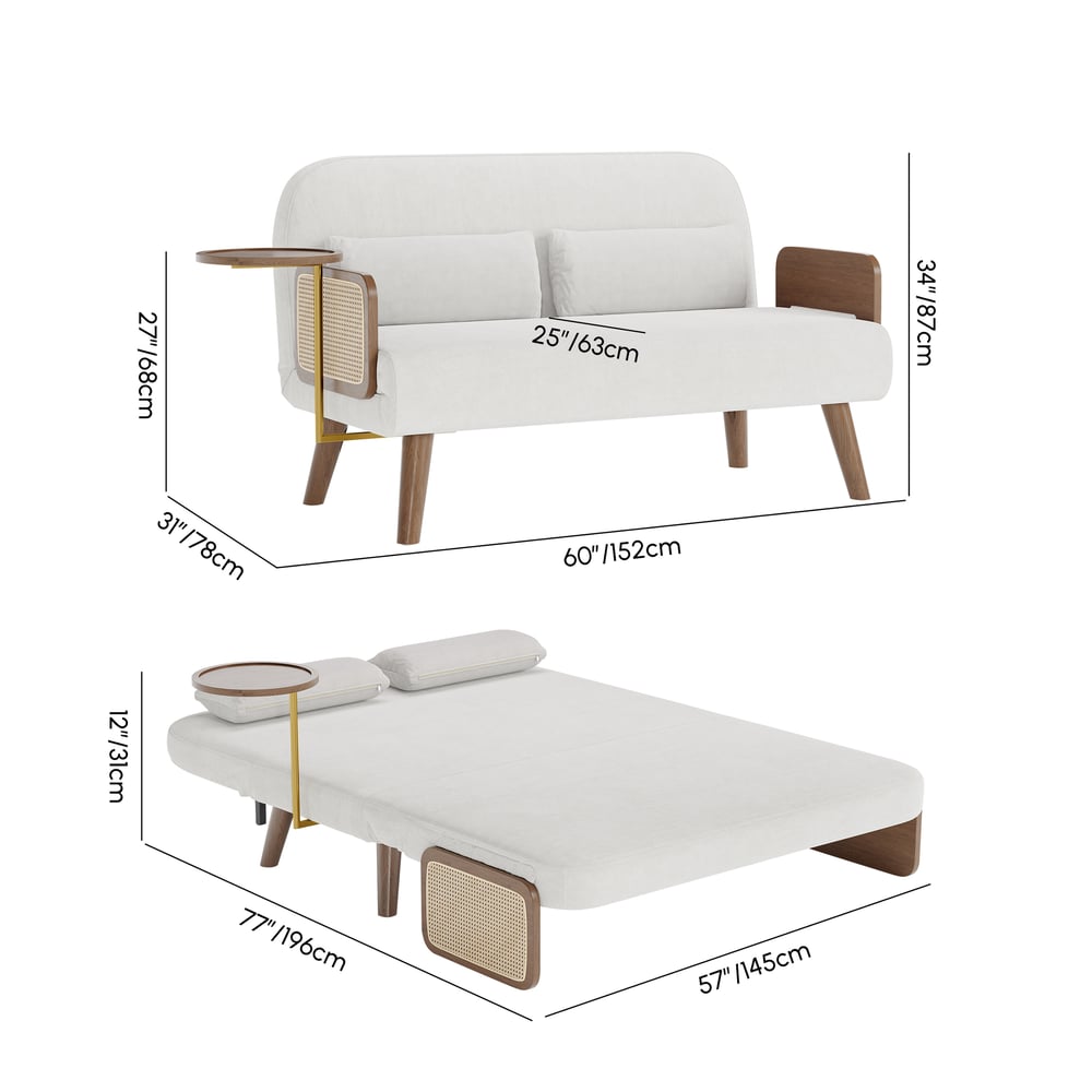 Sofá-cama de 2 Lugares de 152 cm em Veludo e Rattan com Tabuleiro Rotativo Imagem com pesos e dimensões