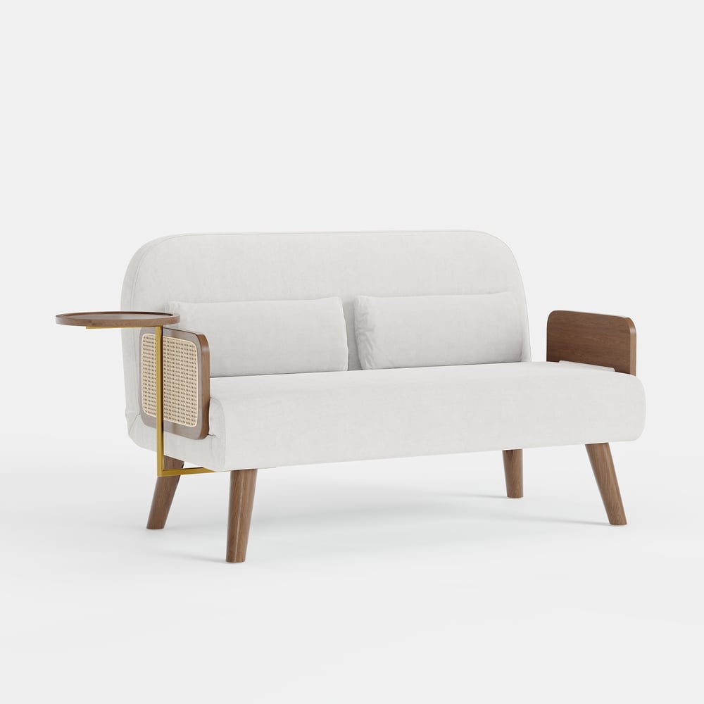 Sofá-cama de 2 Lugares de 152 cm em Veludo e Rattan com Tabuleiro Rotativo Imagem da janela
