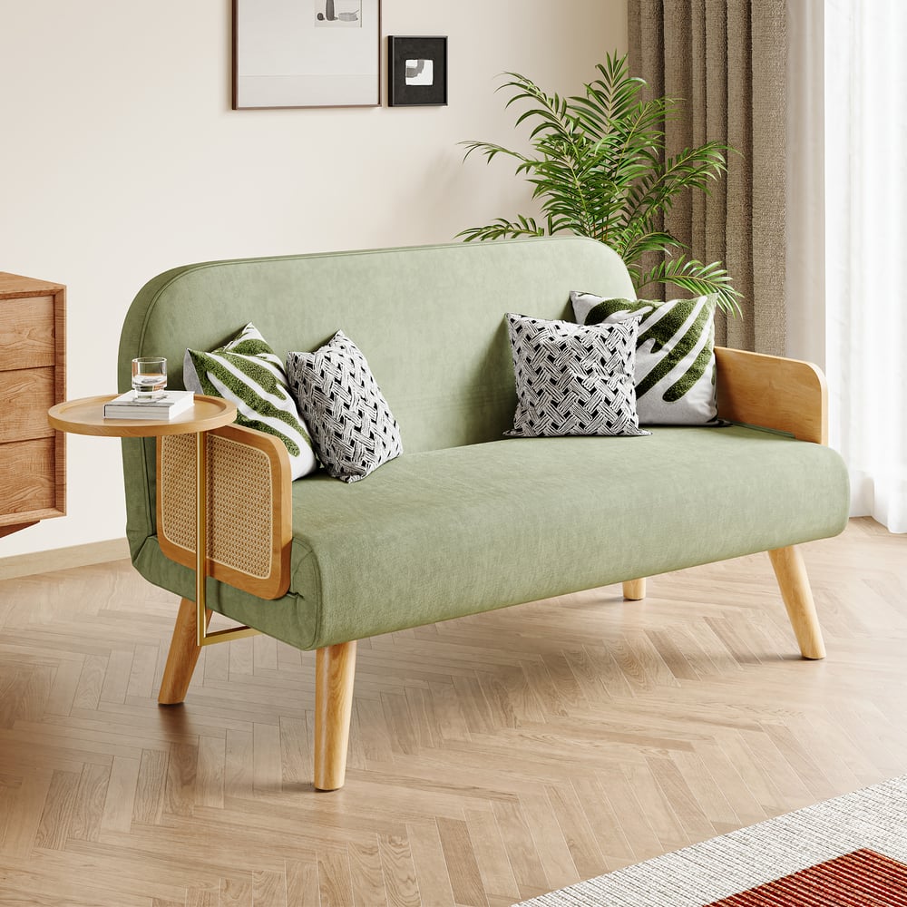 152 cm 2-Seater Velvet & Rattan Pull-out Sofa Sofa with Rotating Tray window image
