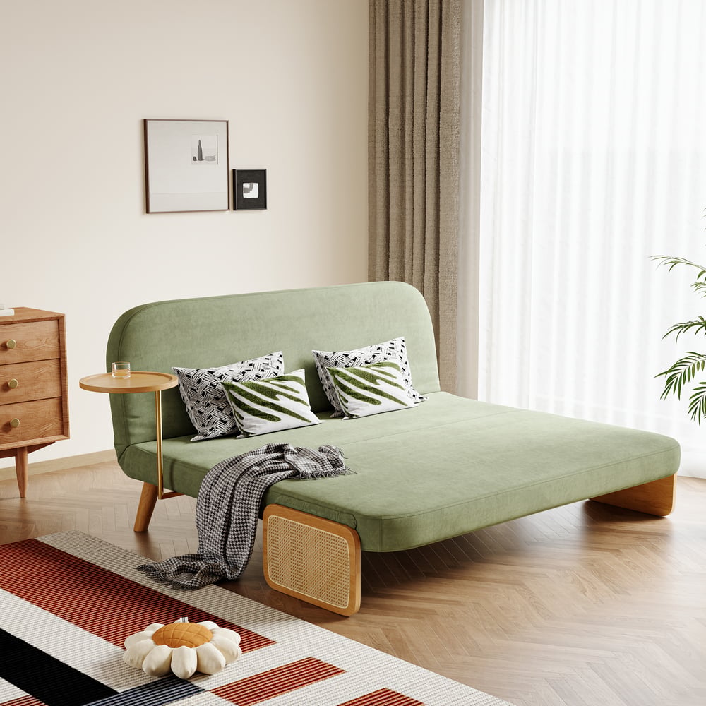 2-Seater Velvet and Rattan Sofa Bed with Swivel Shelf window image