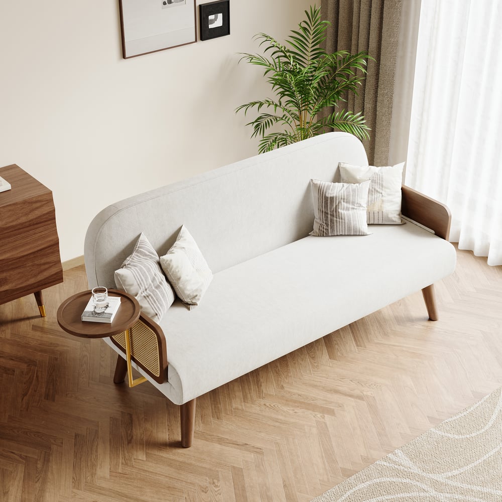 2-Sitzer Schlafsofa aus Samt und Rattan mit drehbarer Ablage Schaufensterbilder