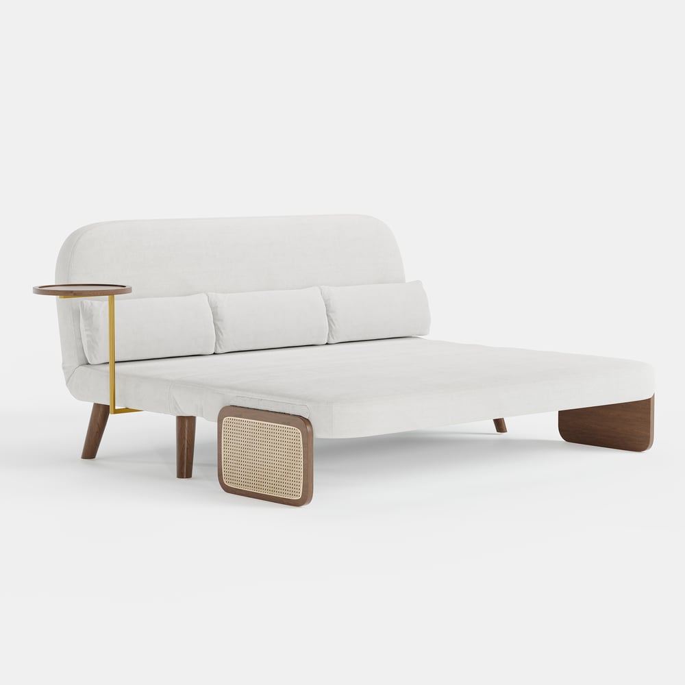2-Sitzer Schlafsofa aus Samt und Rattan mit drehbarer Ablage Schaufensterbilder