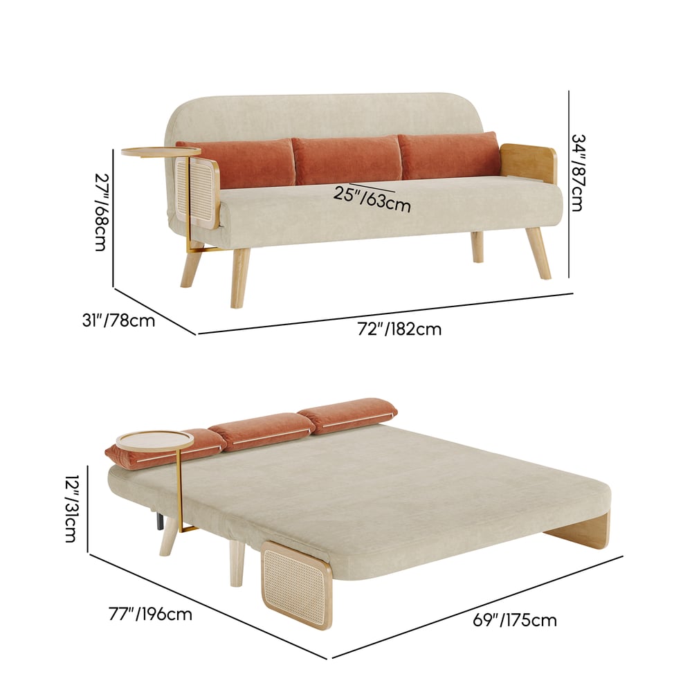 183 cm 2-Seater Cotton & Linen Pull-out Sofa Sofa with Rotating Tray weights dimensions image