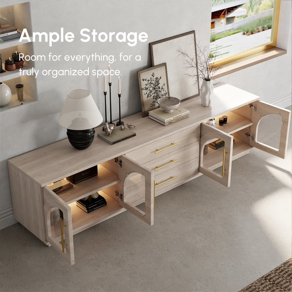Arune 72" Arched Glass Doors TV Stand with Storage and LED window image