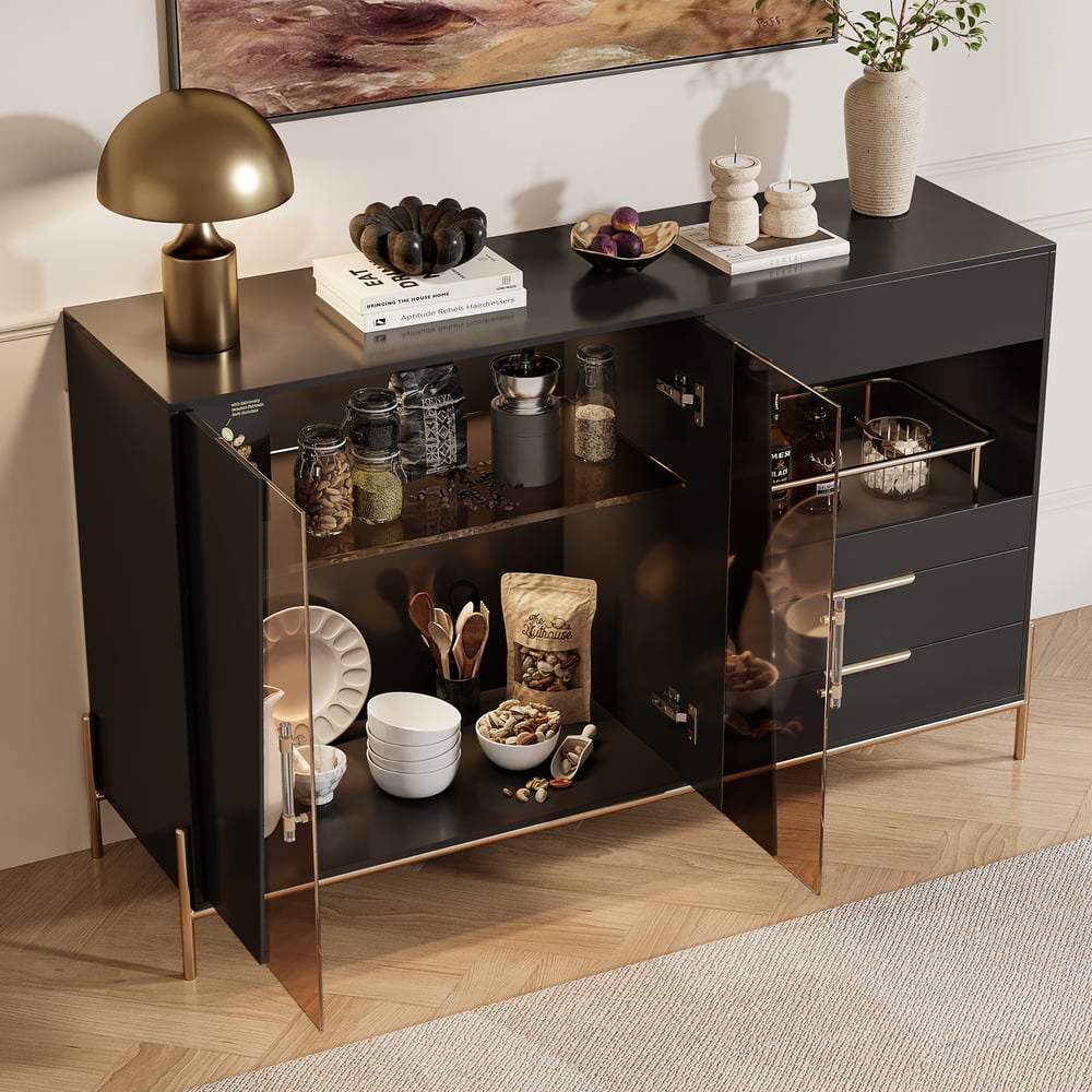 Dolawn Buffet avec range-bouteilles, finition noire, 140 cm image de fenêtre