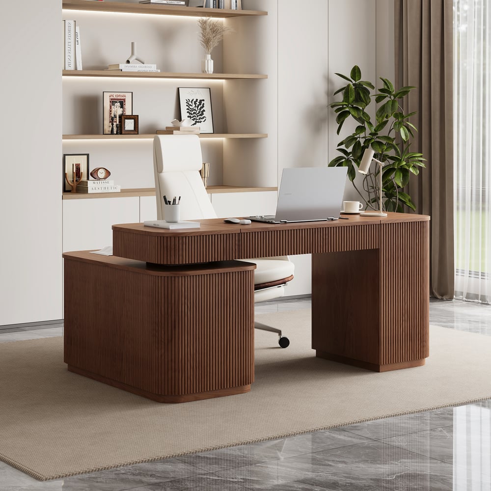 Bureau exécutif Velign en L de 164 cm avec plateau élévateur, tiroirs et meuble latéral droit noyer image de fenêtre