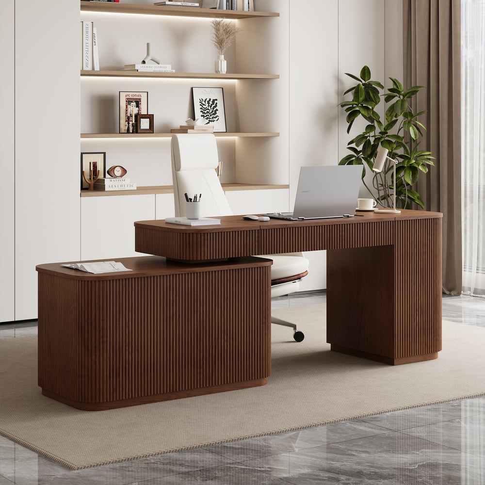 Bureau exécutif Velign en L de 164 cm avec plateau élévateur, tiroirs et meuble latéral droit noyer image de fenêtre