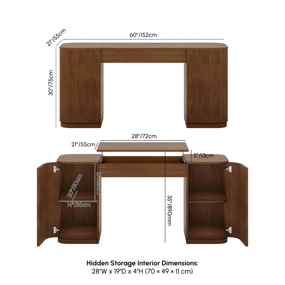Velign 60" Walnut Standing Computer Desk with 2-Door Storage Cabinet weights dimensions image