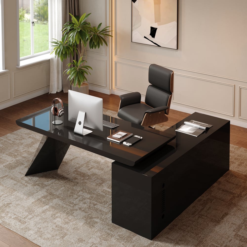 Modern 71" L-Shaped Black Executive Desk with Left Hand Return window image