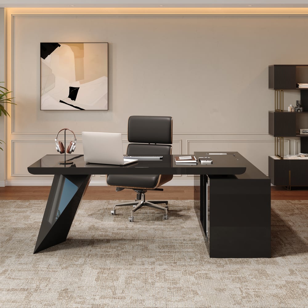 Modern 71" L-Shaped Black Executive Desk with Left Hand Return window image