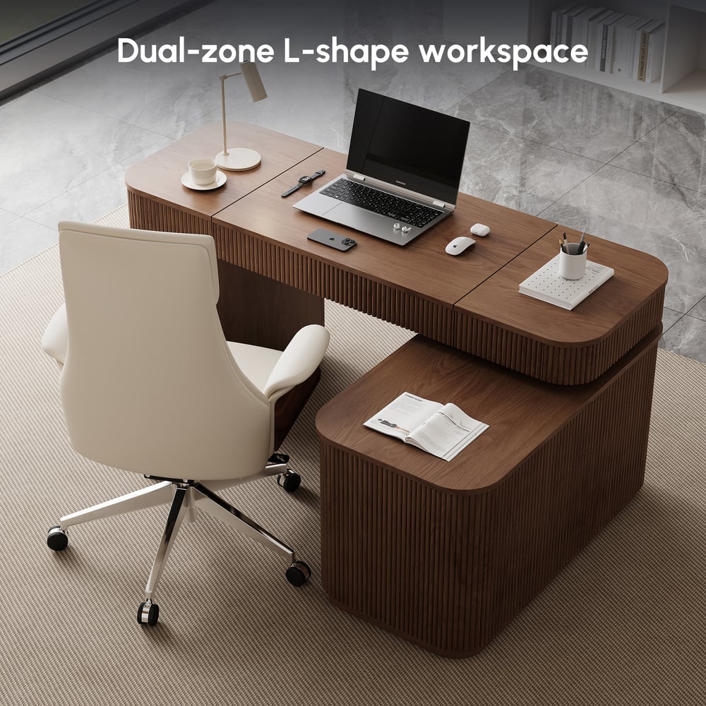 Bureau de direction en forme de L Velign 165 cm en noyer avec tiroirs et armoire à droite image de fenêtre