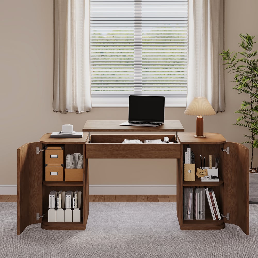 Velign 60" Walnut Standing Computer Desk with 2-Door Storage Cabinet window image