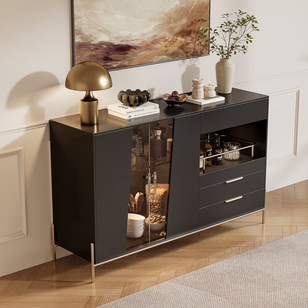 Dolawn Buffet avec range-bouteilles, finition noire, 140 cm image de fenêtre