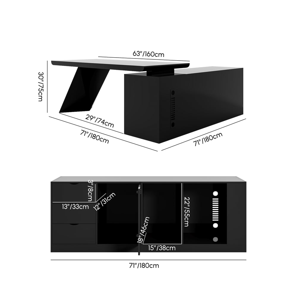 Modern 71" L-Shaped Black Executive Desk with Left Hand Return weights dimensions image
