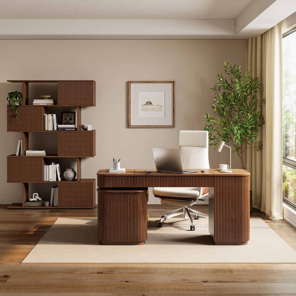 Bureau de direction en forme de L Velign 165 cm en noyer avec tiroirs et armoire à droite image de fenêtre