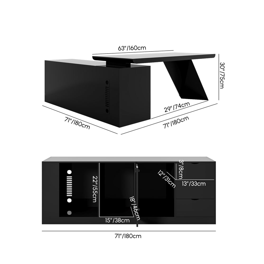 Modern 71" L-Shaped Black Executive Desk with Right Hand Return weights dimensions image